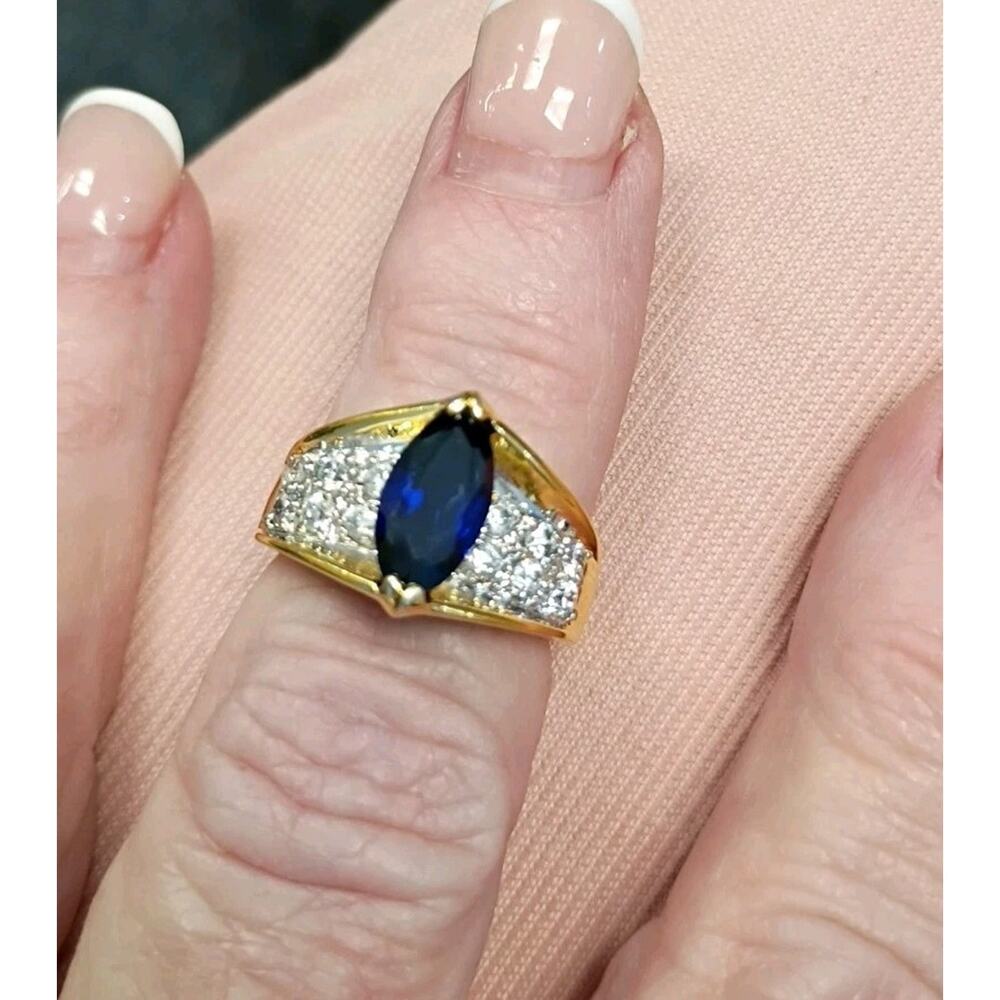 Gold Plated Sterling Silver 925 Vintage Ring Size 6.75 Synthetic Sapphire